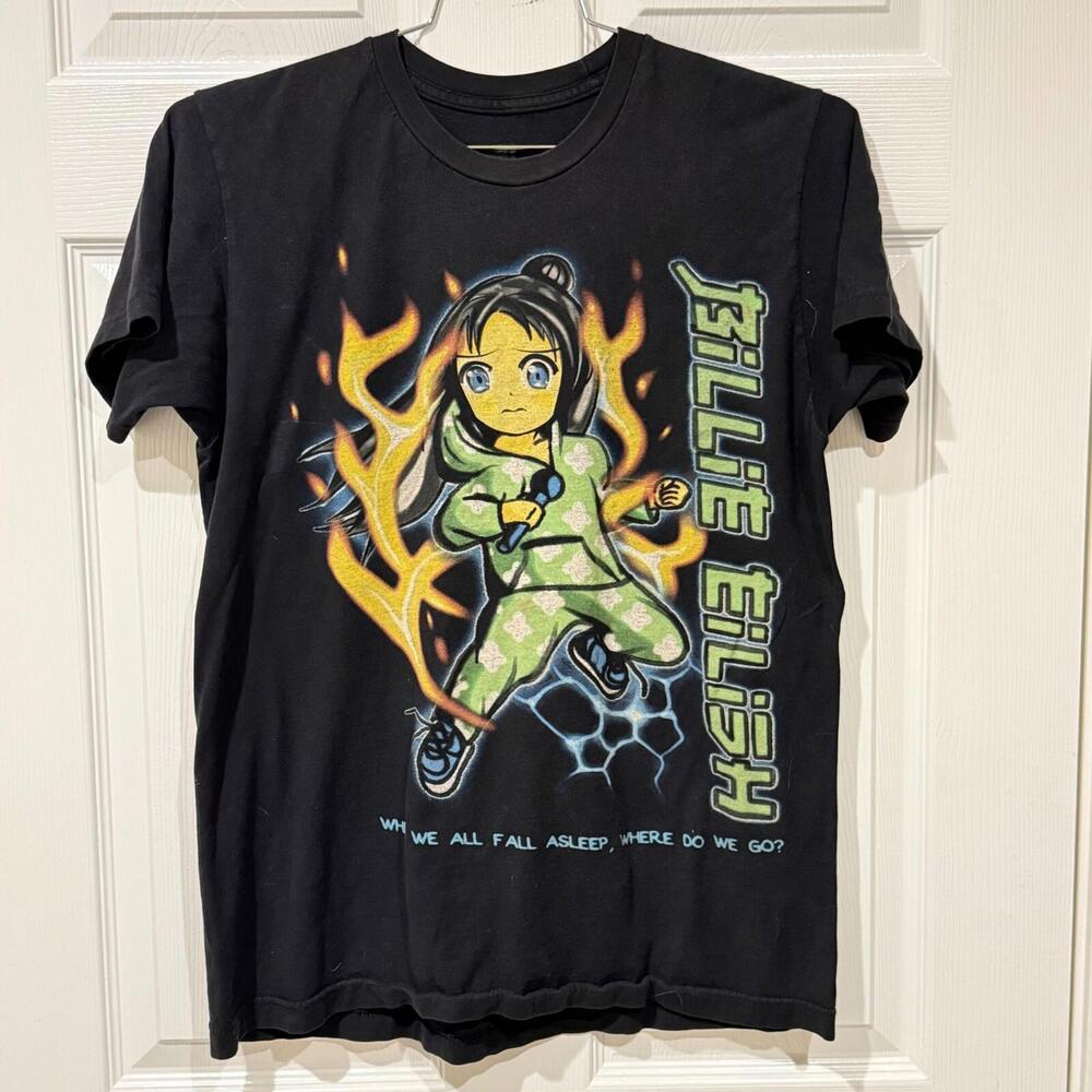 Billie Eilish Anime Style T Shirt Size M Black Graphic Short Sleeve Crew Neck